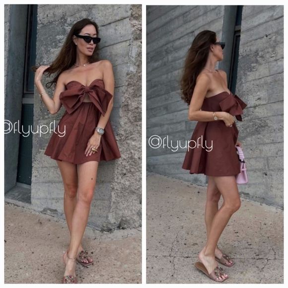 Zara * Bow Mini Dress Brown Size L - Picture 7 of 16